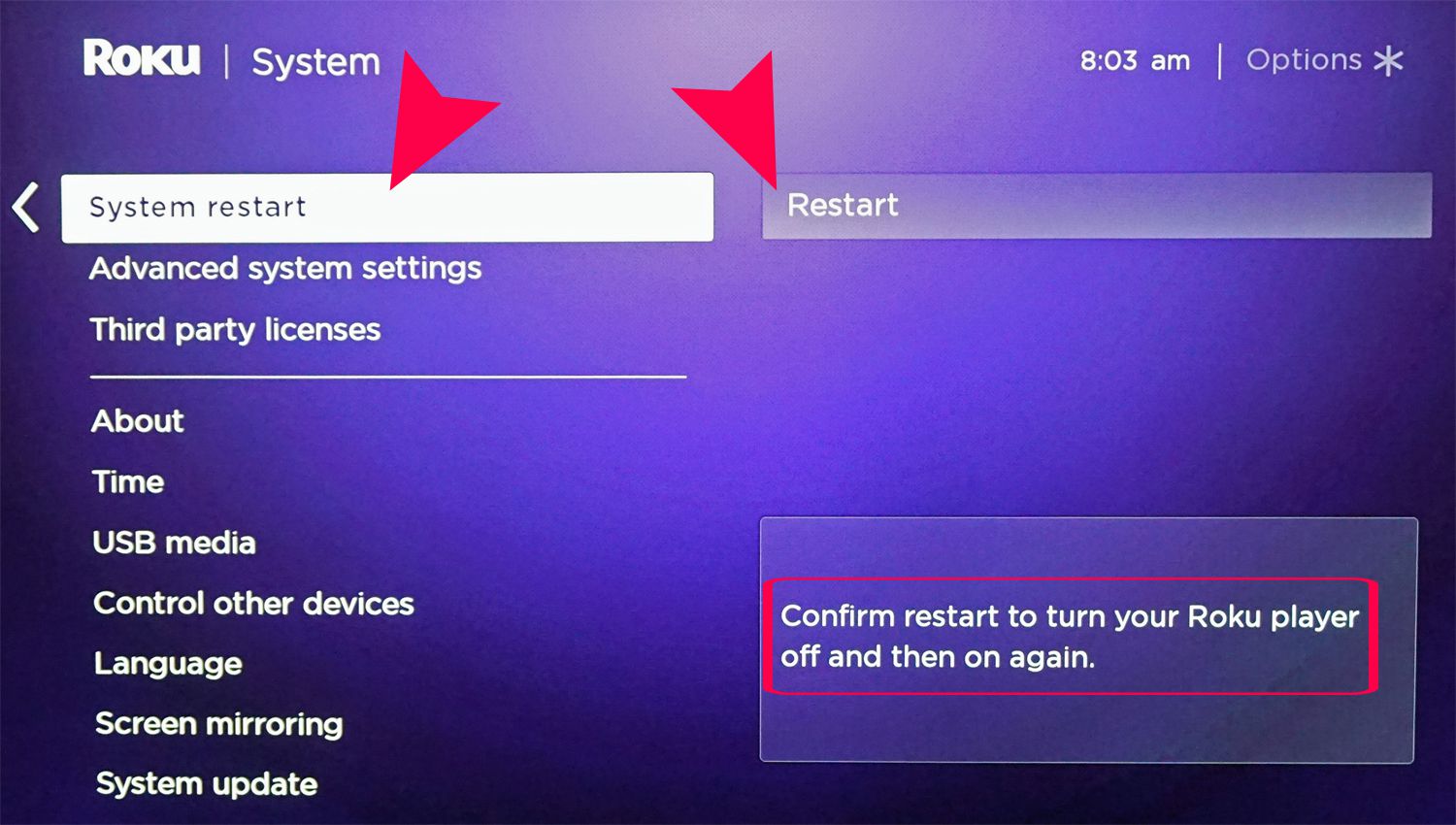 roku system restart option arrows a 5b802cb246e0fb005029ab5c